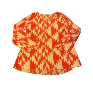 Moa‎ Moa Geometric Chevron Blouse Top Orange Ivory Long Sleeve L Boho Retro Chic